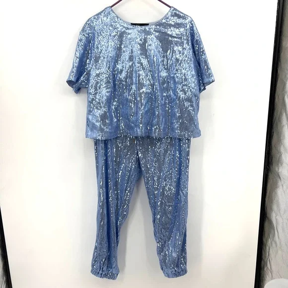 Nina Parker Light Blue Full Sequin Jogger Pant Top Matching Set Plus Size 1x - Picture 2 of 11